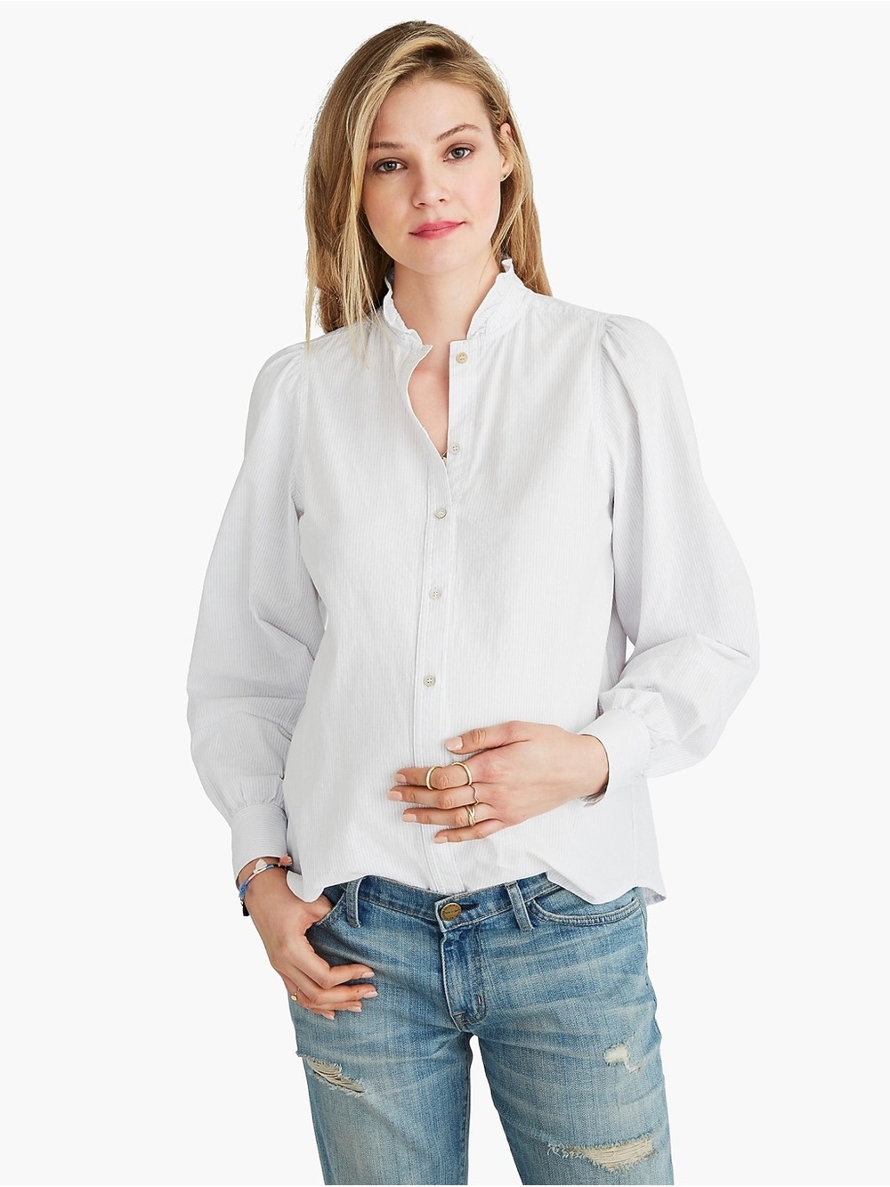 Hatch from J Crew Classic White with Blue pinstripe Button-Up Ruffle Collar